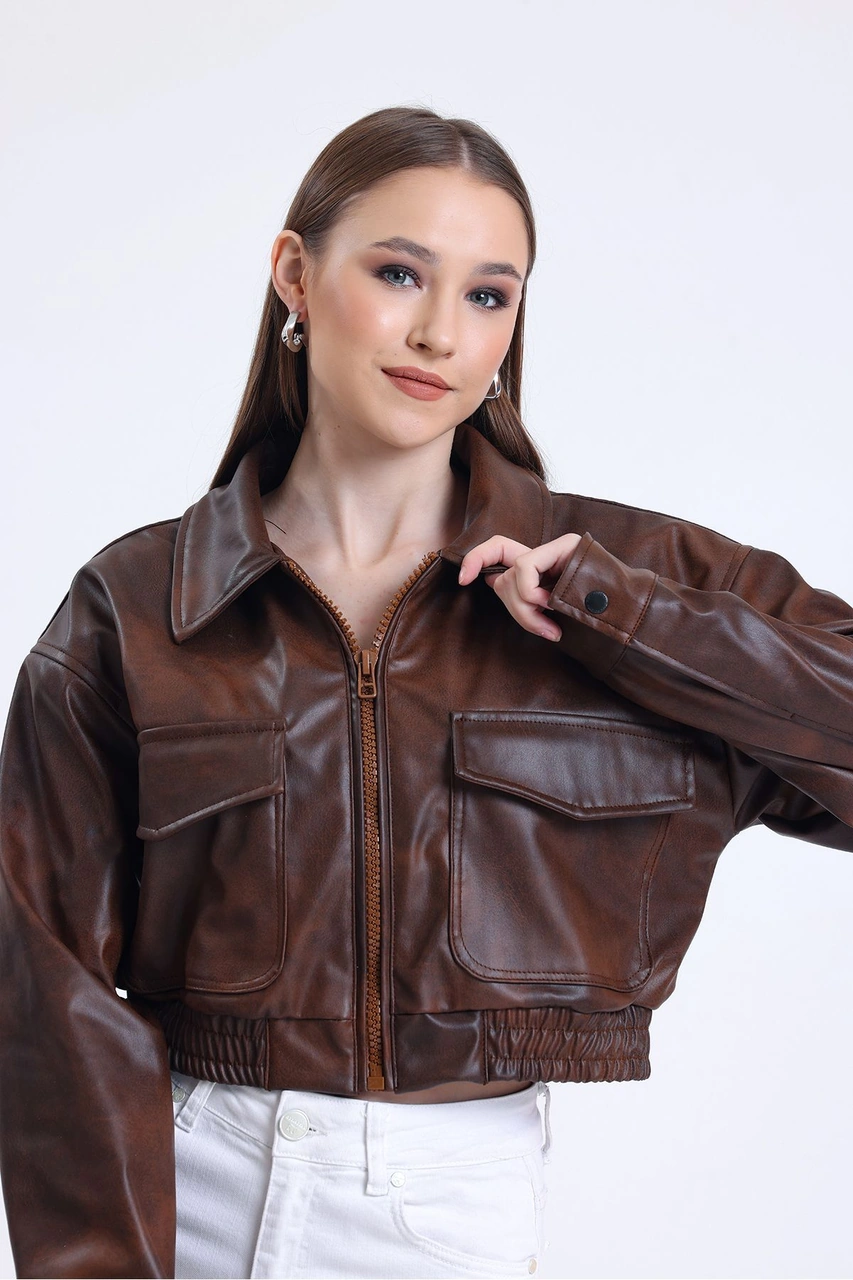 Kadın Deri Oversize Astarlı Kol Çıt Çıt Düğmeli Deri Mont Fermuar Kapamalı Kolej Mont Kahve Kahve