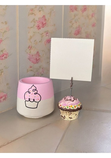 Cupcake Tutuculu Cupcake Çizimli Saksı Ofis Seti Pembe