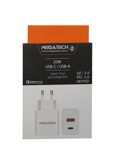Megatech 20w Beyaz Usb-c Usb-a Şarj Kafa Qc:3.0-pd:3.0