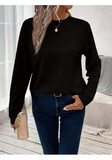 Tua Moda Kadın Uzun Kollu Bisiklet Yaka Viskon Bluz Siyah