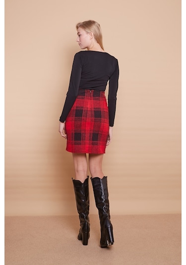 Kışlık Likralı Yünlü Kumaş Yüksek Bel Diz Üstü Kalem Etek-bordo Desen - Bordo D. Bordo