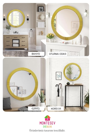 Afir Ahşap Gold Yuvarlak Ayna Işlemeli Duvar Banyo Aynası 69 Cm Gold