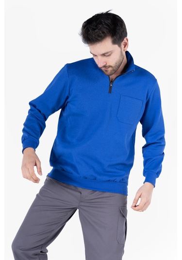 2 İplik Dik Yakalı Fermuarlı Sweatshirt Saks Mavi