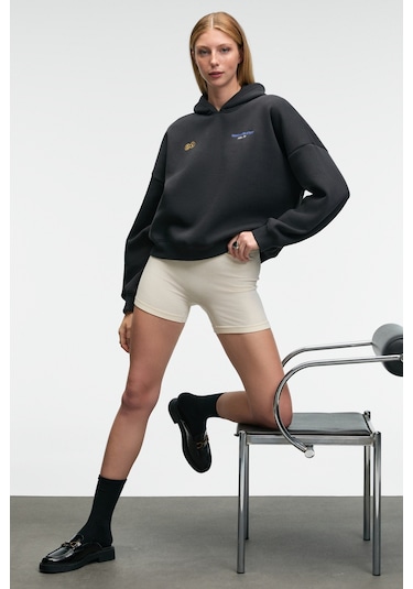 Grımelange Luxe Kadın Renk Nakışlı Ve Arkası Baskı Detaylı Kapüşonlu Antrasit Sweatshirt Antrasit