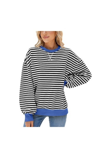 Hnxc Kadın Modası Rahat Çizgili Baskılı Uzun Kollu O-boyun Kapşonlular Ve Sweatshirtler Siyah&beyaz Siyah - Beyaz