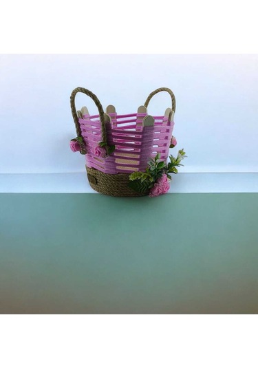 Hasır Organizer El Yapımı Sepet Takı Makyaj Kutusu Banyo Komodin Üstü Pembe