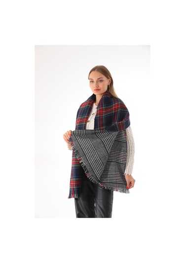 Çift Taraflı Yumuşak Dokulu Lacivert Iskoç Şal Atkı Lacivert