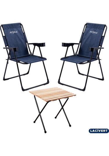 2 Adet Katlanır Kamp Sandalyesi Ve Masa Seti - Rest - Lacivert - 130 Kg Taşıma Çok Renkli