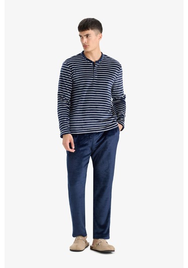 Defacto Pijama Takımı Regular Fit Çizgili Uzun Kollu Üst Welsoft Pelüş Uzun Alt A3443ax25wnnv135 Lacivert