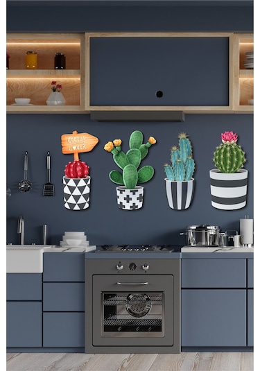 No77Decor Ahşap Kaktüs Duvar Dekorasyon Seti 4 Parça