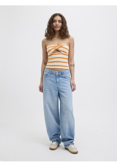 Jack & Jones Kadın Çizgili Straplez Bluz - Linnea - 12277369 Persimmon Orange