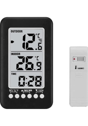 Kangvka Ev Ve Dış Mekan Sıcaklık Ölçer, Kablosuz Sensör, Maksimum-minimum Hafıza, Saat Fonksiyonu, Duvar Veya Masaya Konulabilir, Pil Dahil Değil