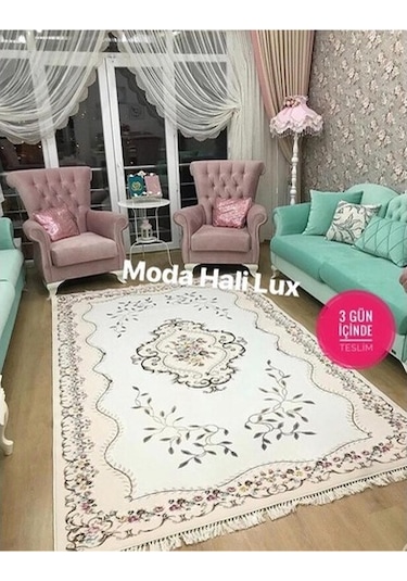Saray Kaymaz Taban Makinede Yıkanabilir Halı Dijital Baskı Krem