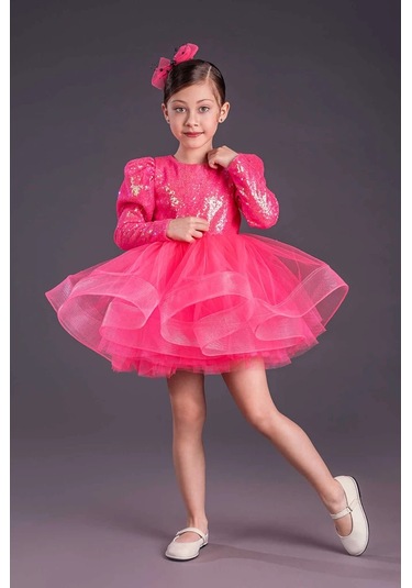 Uzun Kol Balerin Elbise Tütü Etek Pul Payetli Fuşya