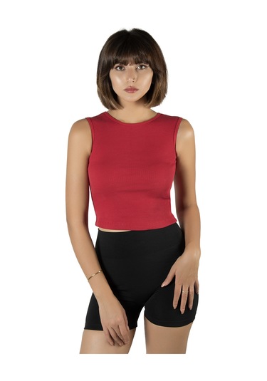 Kırmızı Fitted/vücuda Oturan Crop Halter Yaka Fitilli Esnek Örme Bluz Atlet Kırmızı