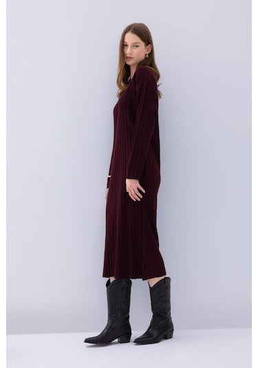 DeFacto Regular Fit Bisiklet Yaka Basic Düz Uzun Kollu Triko Elbise D7510AX24WNBR171 Bordo