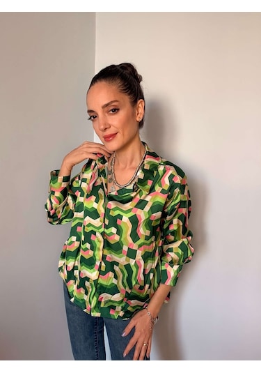 Ali Butik Retro Yeşil Desenli Saten Gömlek Yeşil