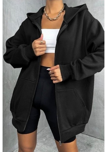 Modagen Unisex Oversize Fermuarlı Sweat Hırka Siyah
