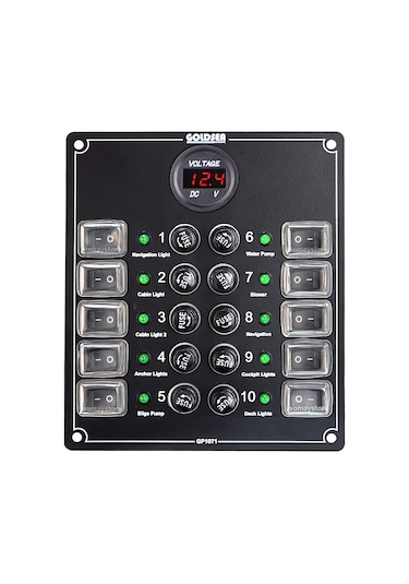 Goldsea Switch Küçük Ebatlı 10 Anahtarlı Voltmetre Soketli 12 - 24 V Sigorta Paneli