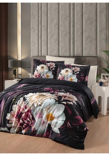 Dijital Saten Çift Kişilik Nevresim Takımı Felıno Siyah