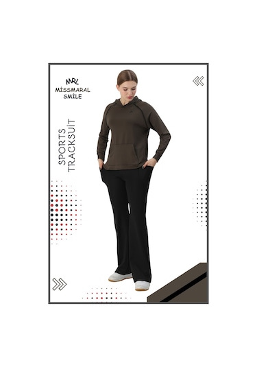Kadın Spor Eşofman Takım İspanyol Paça Çift Cepli Alt &kapüşonlu Kanguru Cepli Üst Haki Rengi 3053 Haki