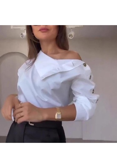 Kadın Gömlek Düğme Eklemeli Balıkçı Yaka Uzun Kollu Rahat Bol Kesim Gömlek Düz Yeşil