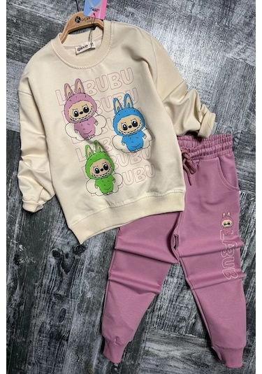 Labubu Desenli Kız Çocuk Pembe Renk Eşofman Takım 2 Li Set Pembe