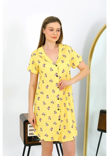 Akbeniz Kadın Pamuk Penye Kısa Kol Düğmeli Sarı Tunik Gecelik 13112 Sarı