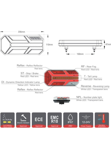 Wolfram 10v-30v Stop Lambası Neon Ledli-kayar Sinyalli 7 Fonksiyonlu 235 110 47 Mm E9 Sol
