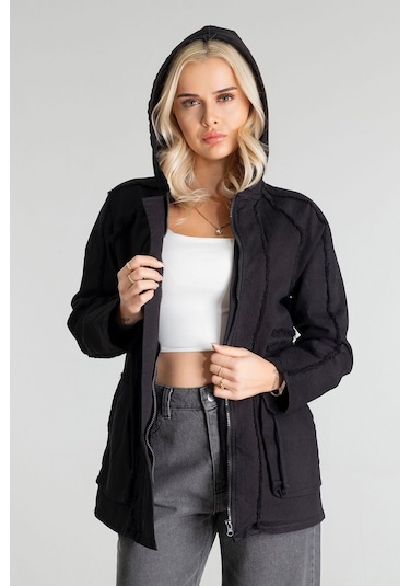 Kadın Power Likralı Pamuklu Kumaş Kapişonlu Fermuarlı Kordonlu Pis Dikişli Mont Siyah