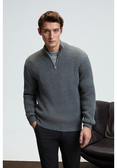 BERNARDO Erkek Yarım Fermuarlı Dik Yaka Triko Antrasit Kazak