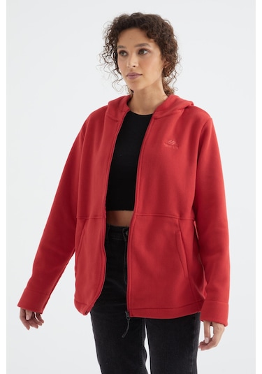 Tommy Life Fiesta Kapüşonlu Fermuarlı Rahat Form Kadın Polar Sweatshirt - 97233 Kırmızı