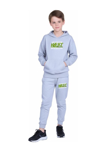 Kanguru Cepli Kapüşonlu Next Baskılı Erkek Çocuk Eşofman Takımı Gri