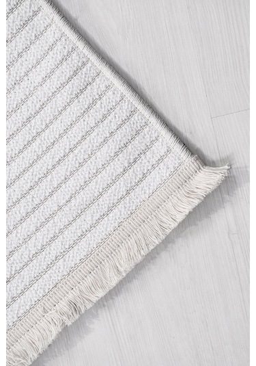 Lidya Bukle Beyaz Çizgili Halı Kaydırmaz, Kadife Hissi, Kolay Temizlik, Antibakteriyel, Modern Beyaz