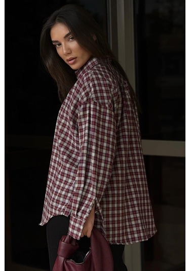 Madmext Kırmızı Oversize Kareli Kadın Gömlek Mg2822