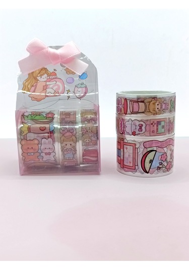 Fiyonk Çantalı Şirin Kız Ayı Tavşan Şeffaf Desenli Bant - Pembe 1