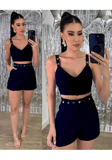 Kadın Taş İşlemeli Şortlu Kemerli Crop Bluz Takım Siyah Siyah