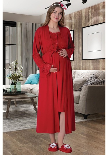 Mecit 6005 Kırmızı Hamile Lohusa Sabahlıklı Gecelik Takım