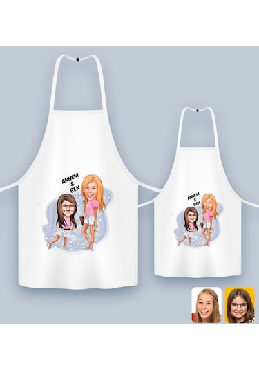 Bk Gift Kişiye Özel İkili Anne Kız Karikatürlü Mutfak Önlüğü Seti-5, Anneye , Anneler Günü leri