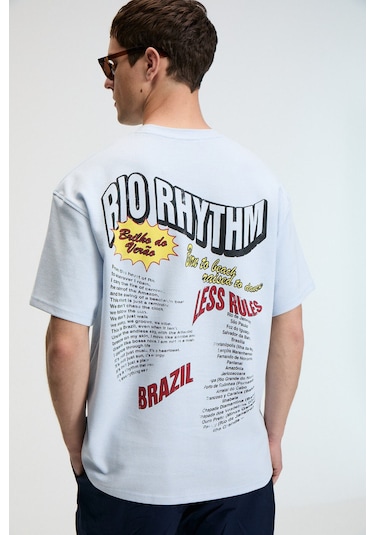 Grimelange YUM Erkek Oversize Baskılı Yuvarlak Yaka Mavi T-Shirt