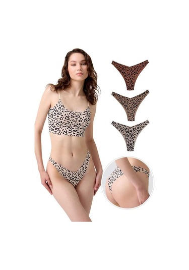 Basic Desenli Lazer Kesim Kadın Brezilya Külot 3'lü Paket-2 Çok Renkli 3