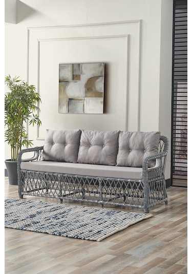 Edra Rattan Puflu Bahçe Balkon Takımı 3+1+1+camlı Masa Gri Gri