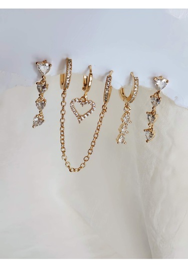 6'lı Kalp Baget Model Altın Kaplama Gold Küpe Seti Sarı
