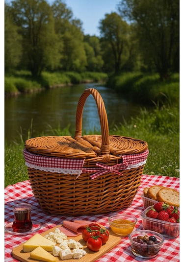 Kırmızı Ekoseli Kapaklı Piknik Sepeti 40x30x19 Cm Hasır Görünümlü Termoform Sepet Kahverengi