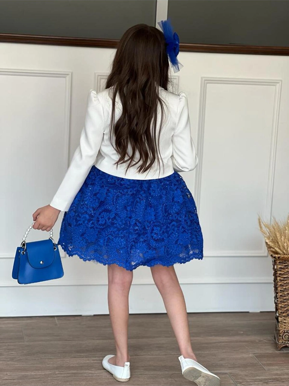 Uğur Böceği Çocuk Kız Çocuk 4'lü Şık Abiye Takım Elbise Ceket Çanta Toka Saks