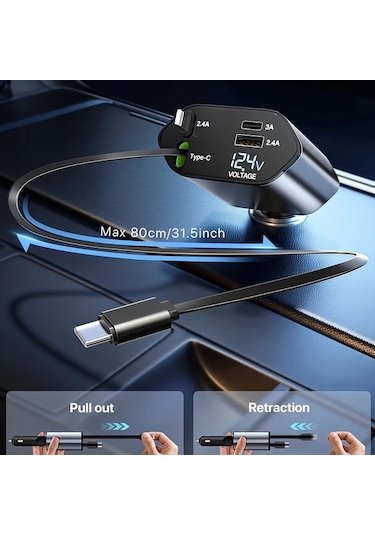 Xuweiwei San Com O 120w 4 İn 1 Hızlı Şarj Araba Adaptörü Koyu Mavi Alüminyum Alaşım Type C İphone Ios Samsung Xiaomi Uyumlu