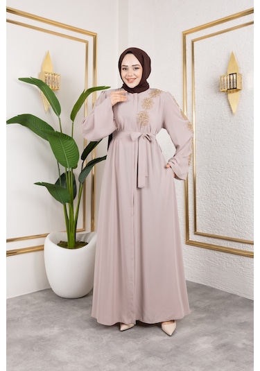 Nevayla Moda Sol Tarafı İnci Detaylı Ferace - Bej / F0140 Bej