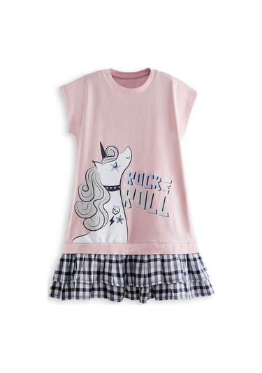 Denokids Unicorn Rock Kız Çocuk Ekose Elbise Renkli Çok Renkli