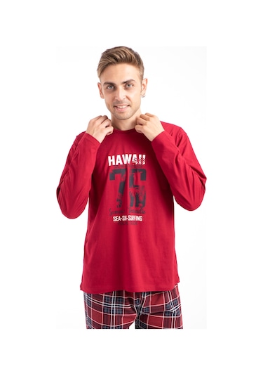 Tampap 2170 Baskılı Uzun Kol Erkek Pijama Takımı Bordo