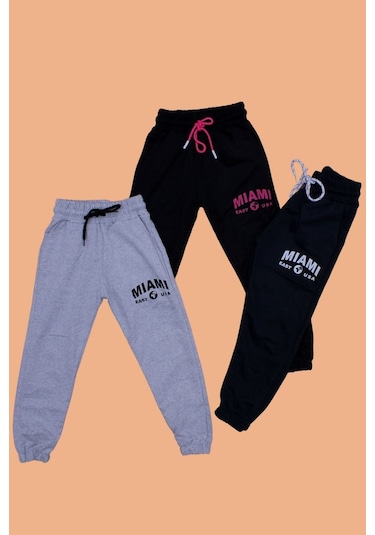 3'lü Miami Baskılı Kız Çocuk Çift Cep Siyah-lacivert-melanj Gri Eşofman Altı Çok Renkli